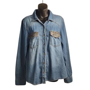 Mudd Womens Blue Jeans Shirt Studded Embellished Long Sleeve Button Up Size XL